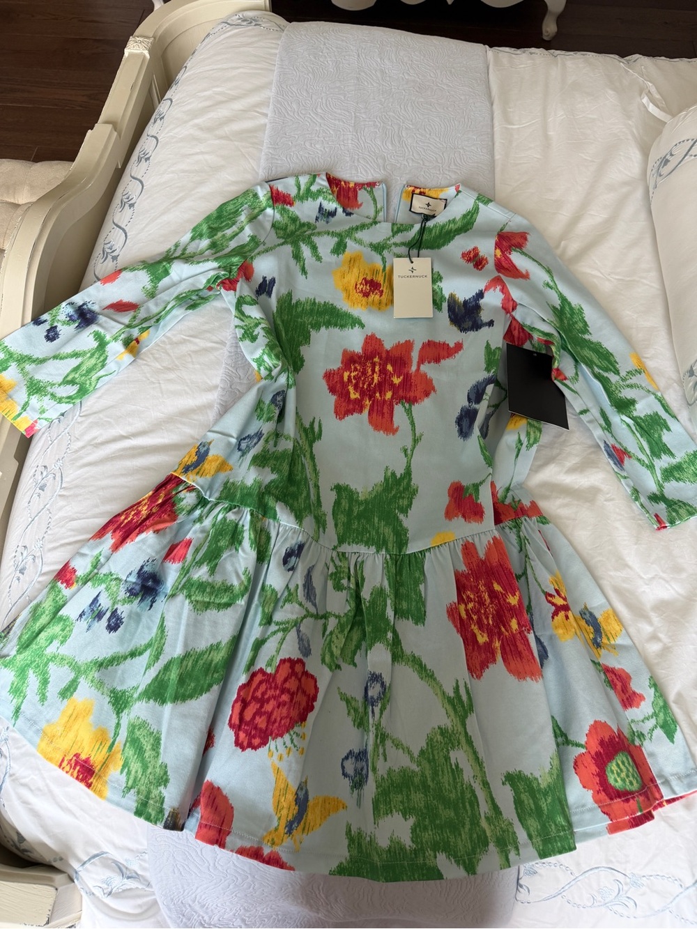 Tuckernuck Light Blue Floral Tiered Dress with Red, Green & Yellow Print